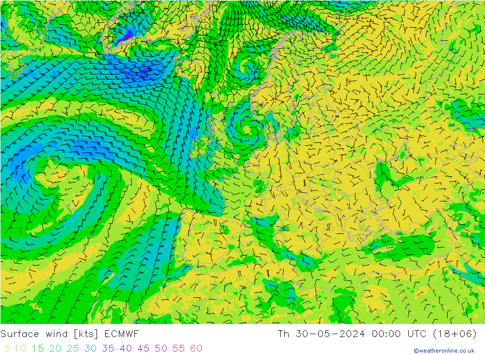 Surface wind ECMWF Čt 30.05.2024 00 UTC