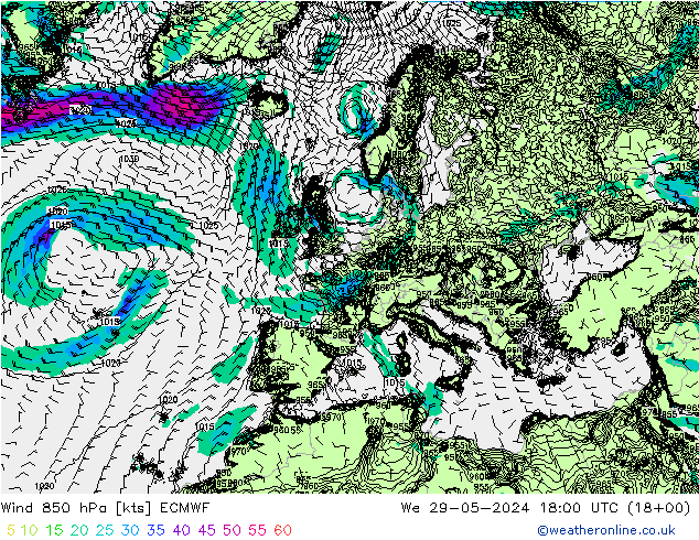 Wind 850 hPa ECMWF We 29.05.2024 18 UTC