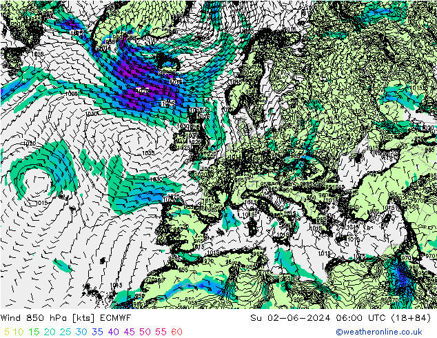 Wind 850 hPa ECMWF Su 02.06.2024 06 UTC