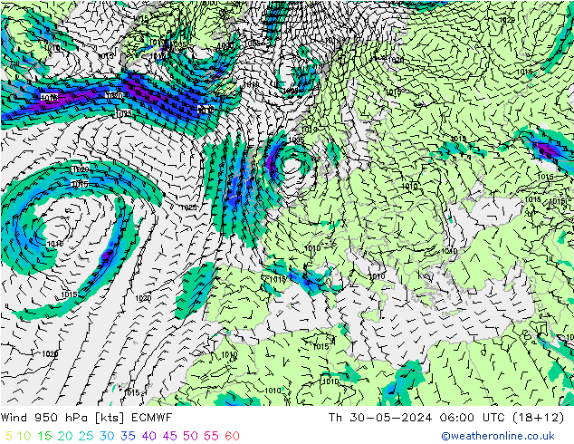 Viento 950 hPa ECMWF jue 30.05.2024 06 UTC