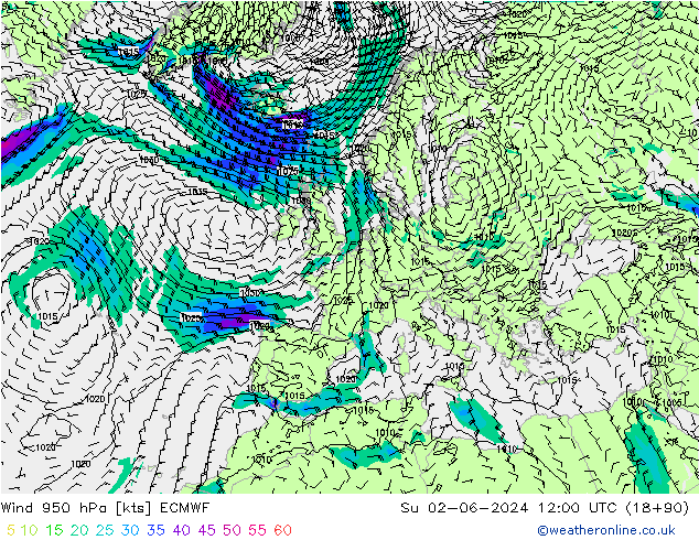 Wind 950 hPa ECMWF Su 02.06.2024 12 UTC