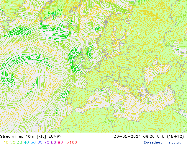 Linia prądu 10m ECMWF czw. 30.05.2024 06 UTC