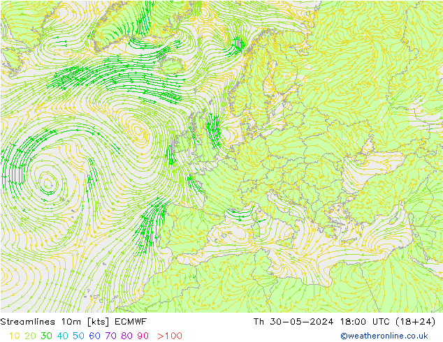 Linha de corrente 10m ECMWF Qui 30.05.2024 18 UTC