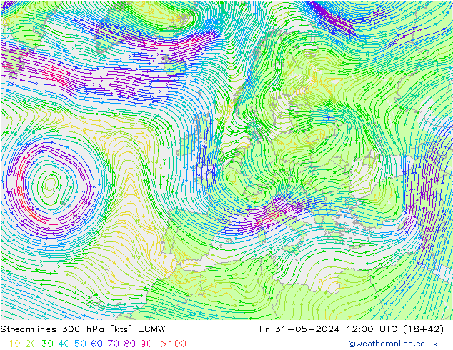 Streamlines 300 hPa ECMWF Fr 31.05.2024 12 UTC