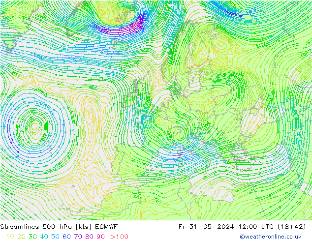 Rüzgar 500 hPa ECMWF Cu 31.05.2024 12 UTC