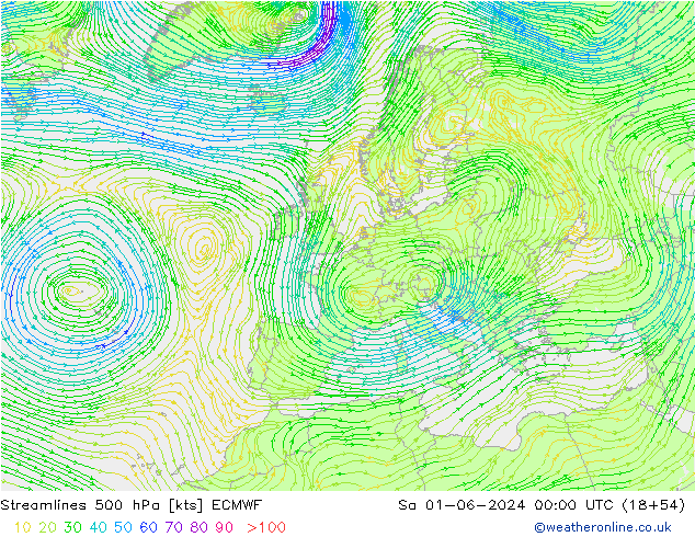 ветер 500 гПа ECMWF сб 01.06.2024 00 UTC