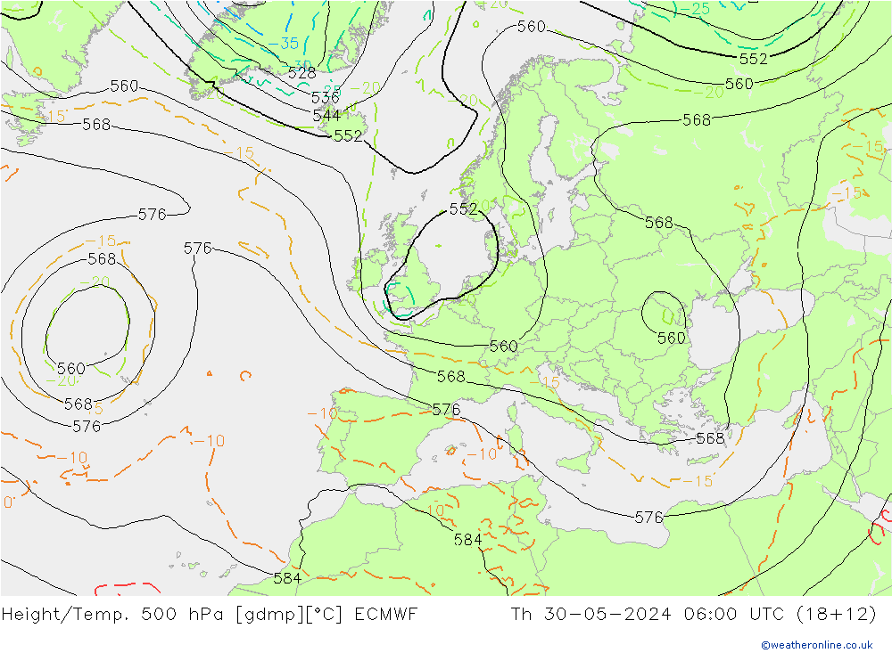 Z500/Rain (+SLP)/Z850 ECMWF Do 30.05.2024 06 UTC