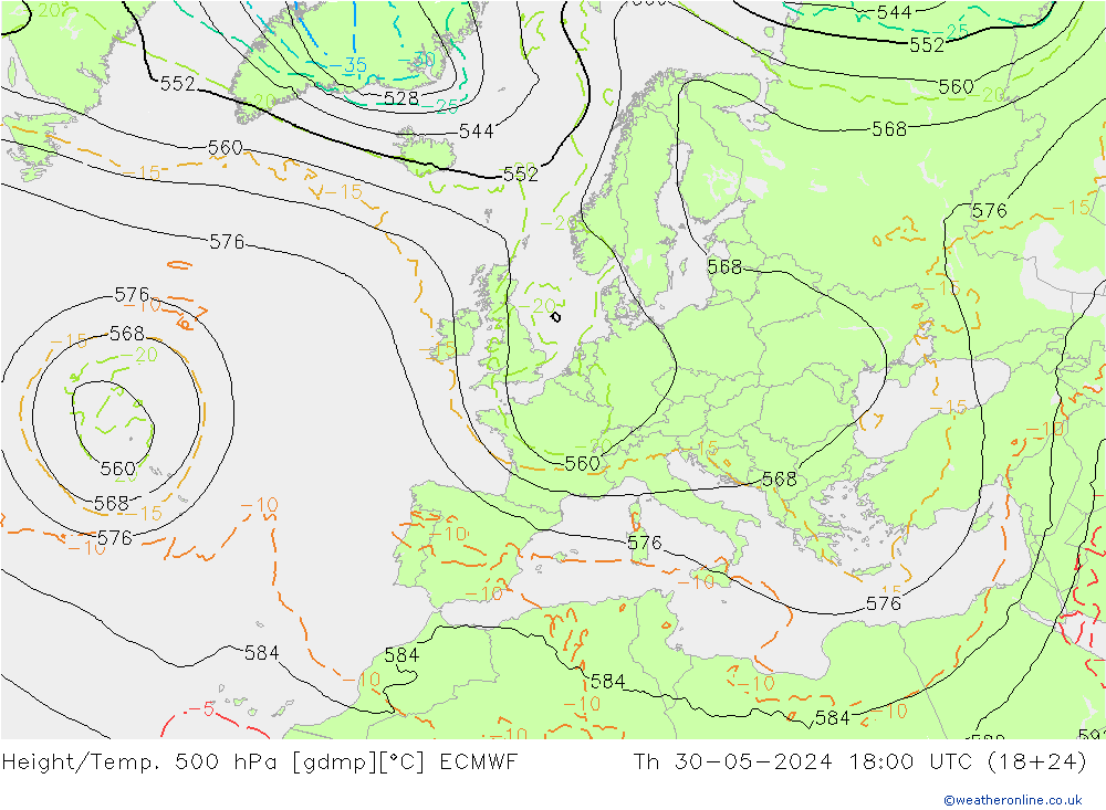 Z500/Rain (+SLP)/Z850 ECMWF Th 30.05.2024 18 UTC