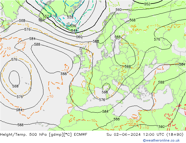 Z500/Rain (+SLP)/Z850 ECMWF Dom 02.06.2024 12 UTC