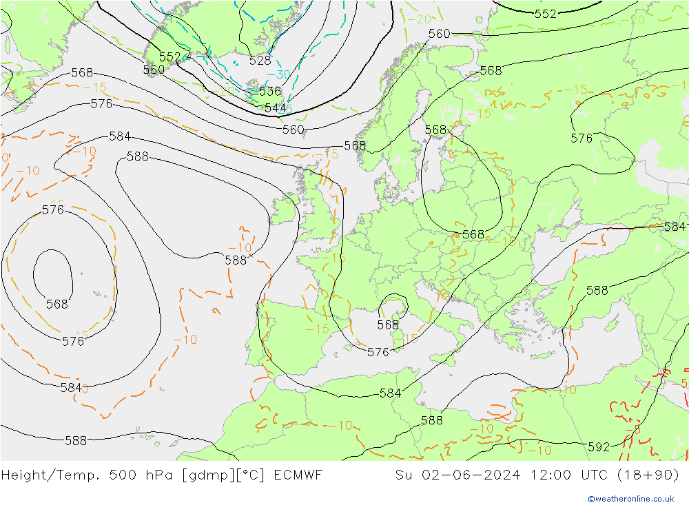 Z500/Rain (+SLP)/Z850 ECMWF Su 02.06.2024 12 UTC