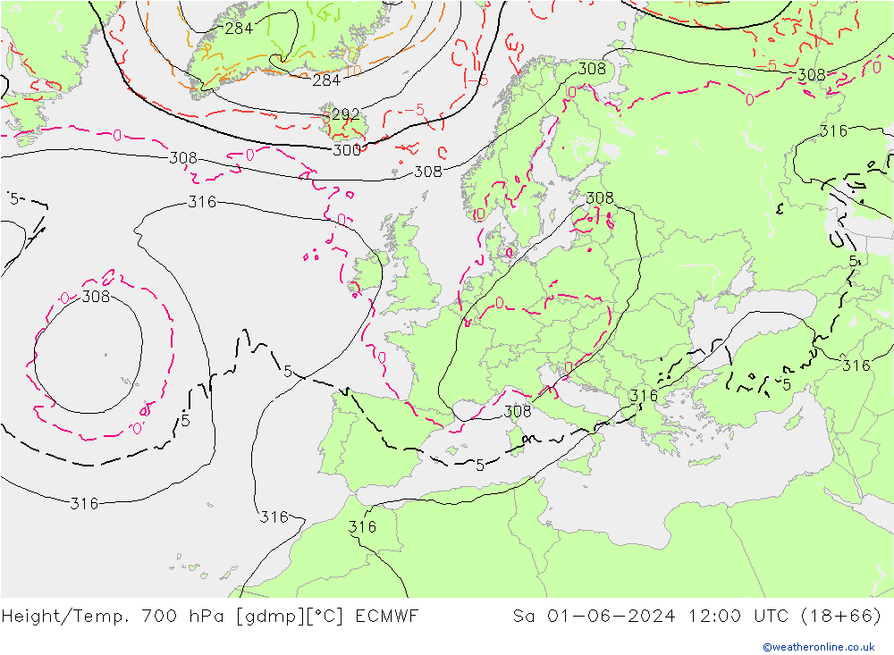 Height/Temp. 700 гПа ECMWF сб 01.06.2024 12 UTC