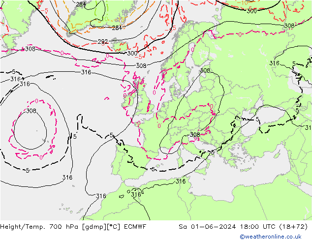 Geop./Temp. 700 hPa ECMWF sáb 01.06.2024 18 UTC