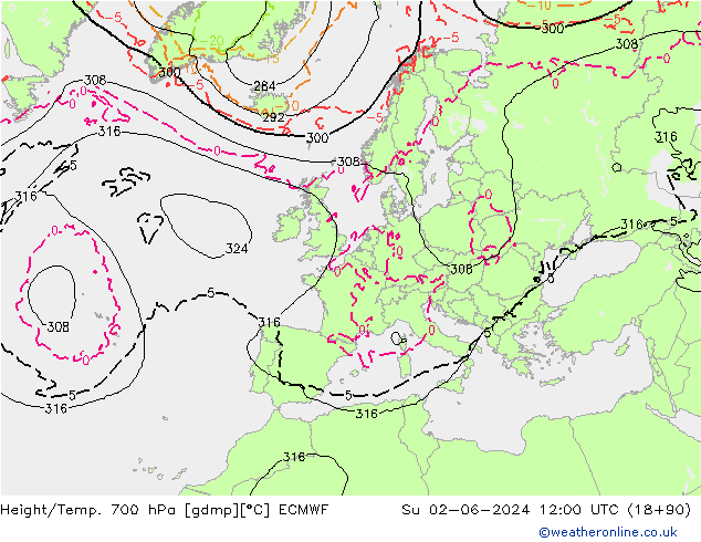 Height/Temp. 700 hPa ECMWF Ne 02.06.2024 12 UTC