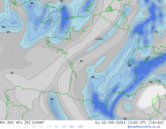 RH 300 hPa ECMWF Su 02.06.2024 12 UTC