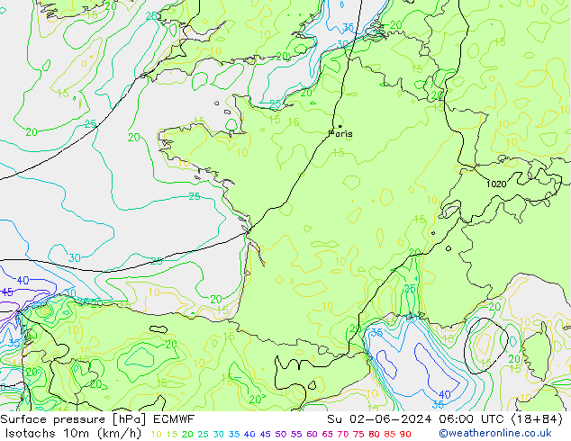 Eşrüzgar Hızları (km/sa) ECMWF Paz 02.06.2024 06 UTC