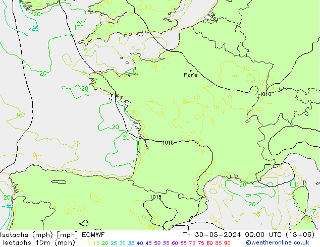 Isotachs (mph) ECMWF  30.05.2024 00 UTC