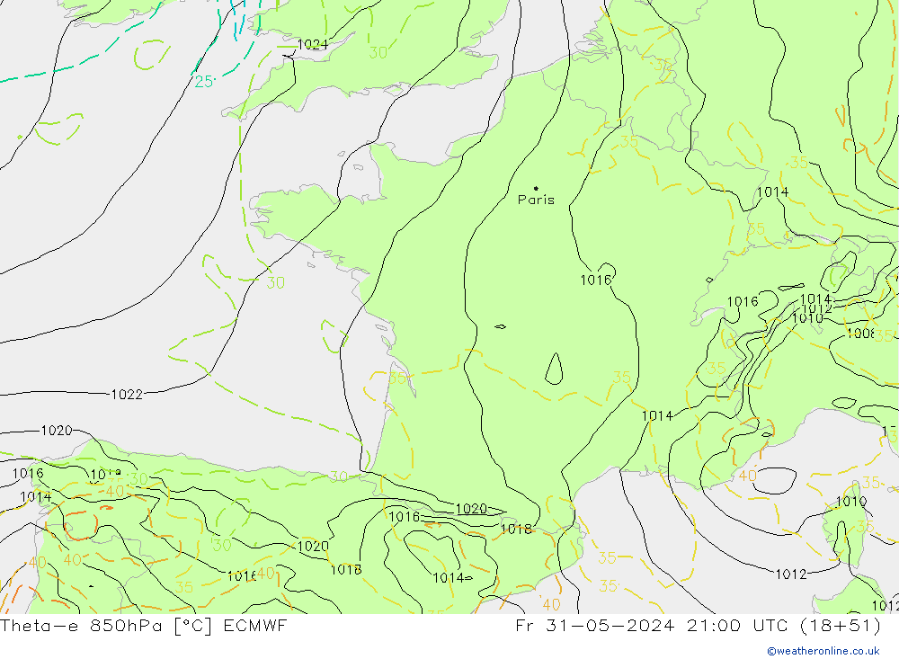 Theta-e 850hPa ECMWF  31.05.2024 21 UTC