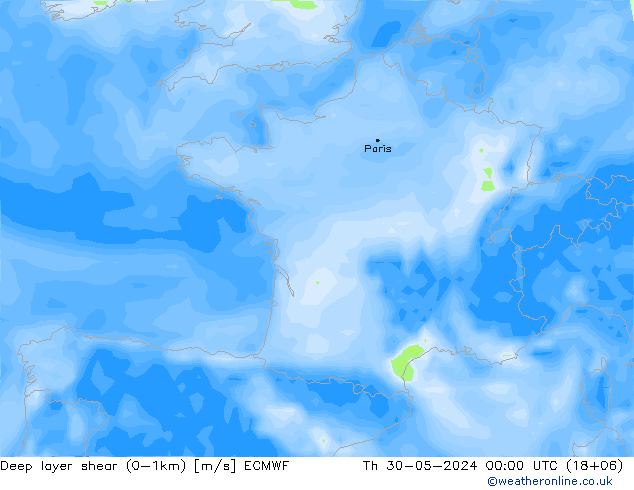 Deep layer shear (0-1km) ECMWF Do 30.05.2024 00 UTC