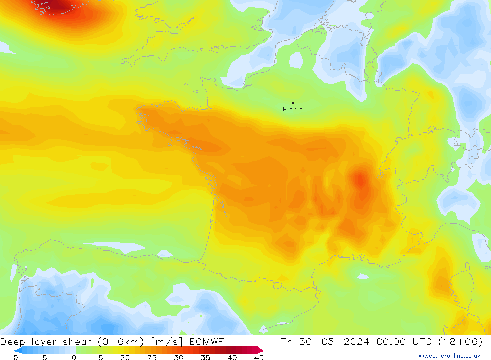 Deep layer shear (0-6km) ECMWF  30.05.2024 00 UTC