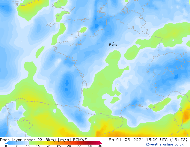 Deep layer shear (0-6km) ECMWF so. 01.06.2024 18 UTC