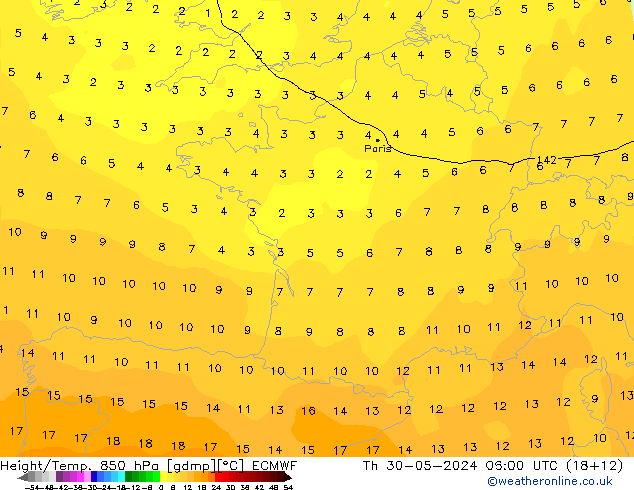 Yükseklik/Sıc. 850 hPa ECMWF Per 30.05.2024 06 UTC