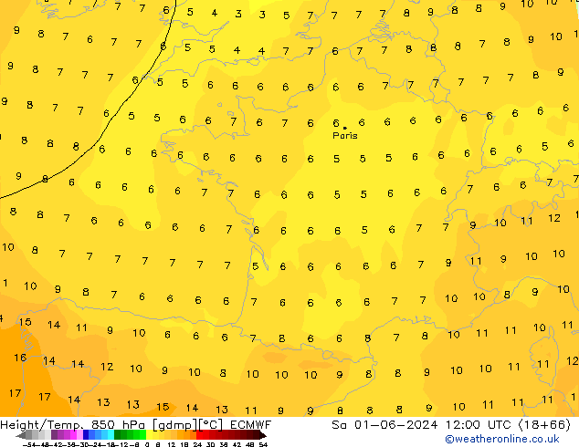 Geop./Temp. 850 hPa ECMWF sáb 01.06.2024 12 UTC