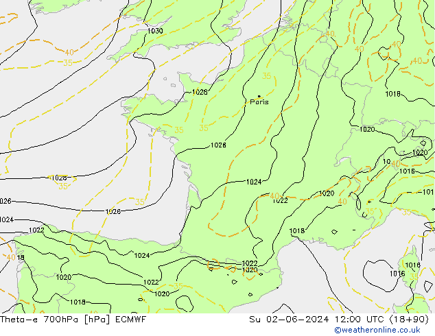 Theta-e 700hPa ECMWF Su 02.06.2024 12 UTC