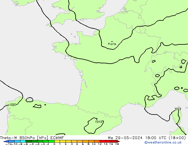 Theta-W 850hPa ECMWF mer 29.05.2024 18 UTC