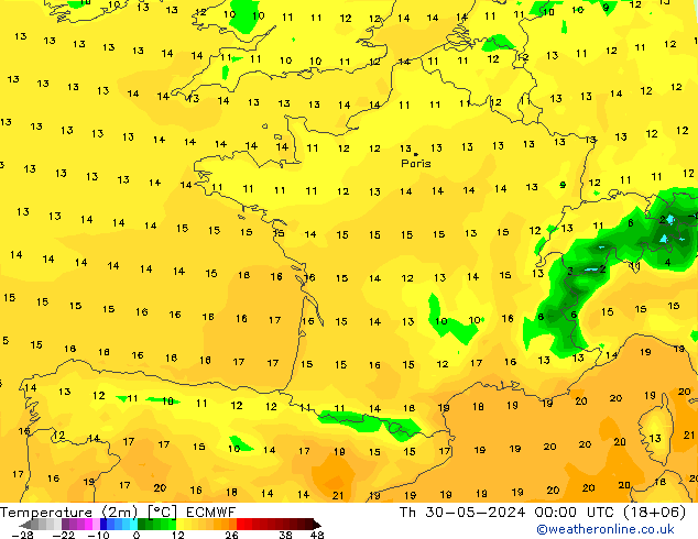 Temperature (2m) ECMWF Čt 30.05.2024 00 UTC