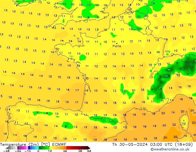 Temperature (2m) ECMWF Th 30.05.2024 03 UTC