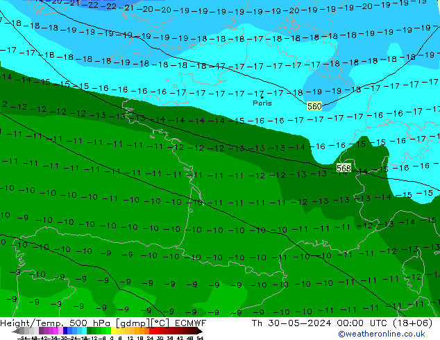 Z500/Rain (+SLP)/Z850 ECMWF Do 30.05.2024 00 UTC