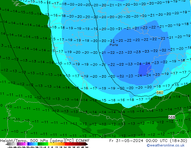 Z500/Rain (+SLP)/Z850 ECMWF  31.05.2024 00 UTC