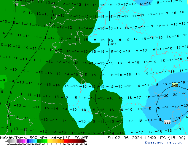 Height/Temp. 500 hPa ECMWF nie. 02.06.2024 12 UTC