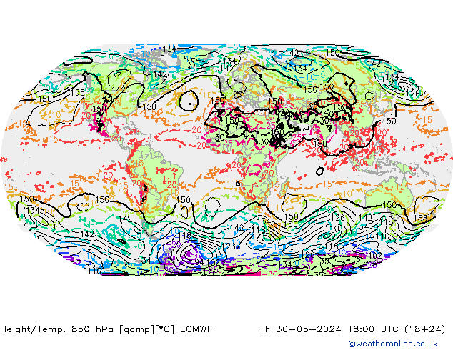 Z500/Rain (+SLP)/Z850 ECMWF jue 30.05.2024 18 UTC