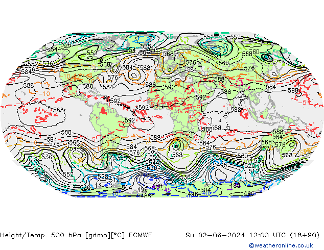 Height/Temp. 500 hPa ECMWF So 02.06.2024 12 UTC