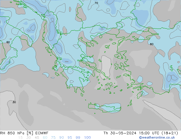 Humedad rel. 850hPa ECMWF jue 30.05.2024 15 UTC