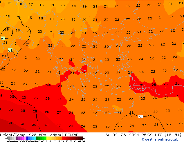 Yükseklik/Sıc. 925 hPa ECMWF Paz 02.06.2024 06 UTC