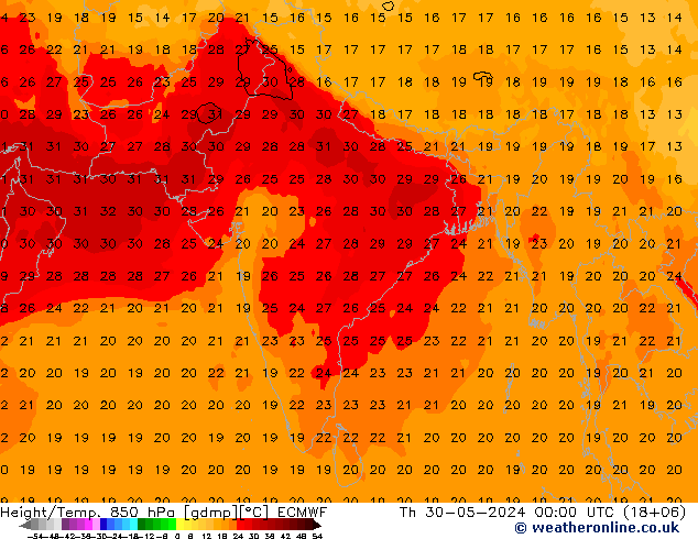 Height/Temp. 850 hPa ECMWF gio 30.05.2024 00 UTC