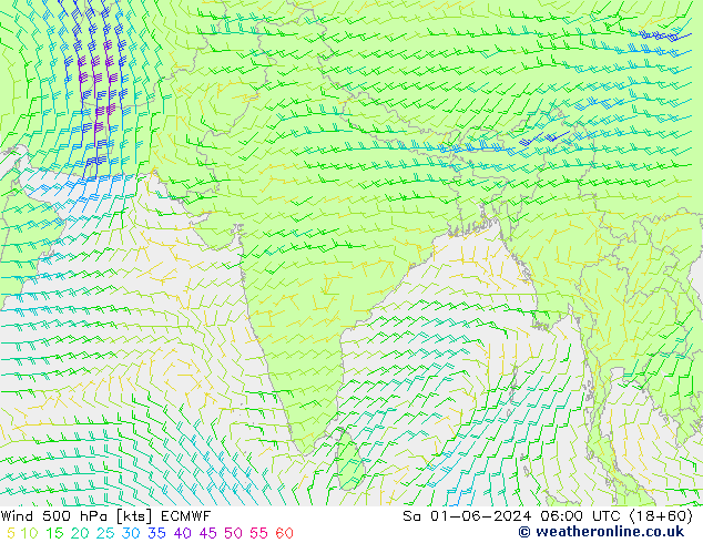 Wind 500 hPa ECMWF Sa 01.06.2024 06 UTC