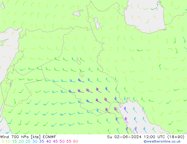Wind 700 hPa ECMWF Su 02.06.2024 12 UTC
