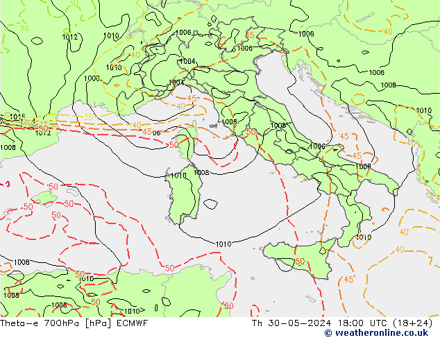Theta-e 700hPa ECMWF Čt 30.05.2024 18 UTC