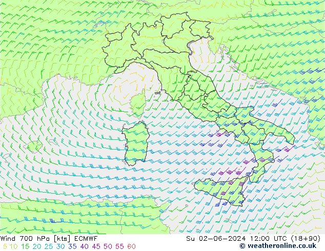 Vento 700 hPa ECMWF Dom 02.06.2024 12 UTC