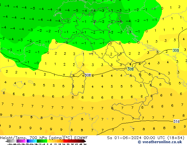 Height/Temp. 700 hPa ECMWF Sa 01.06.2024 00 UTC