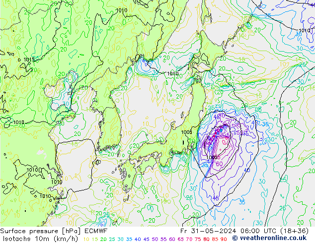 Isotachs (kph) ECMWF ven 31.05.2024 06 UTC