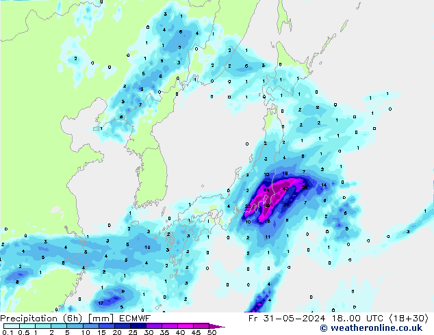 Totale neerslag (6h) ECMWF vr 31.05.2024 00 UTC