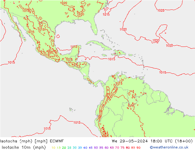 Isotachs (mph) ECMWF Qua 29.05.2024 18 UTC