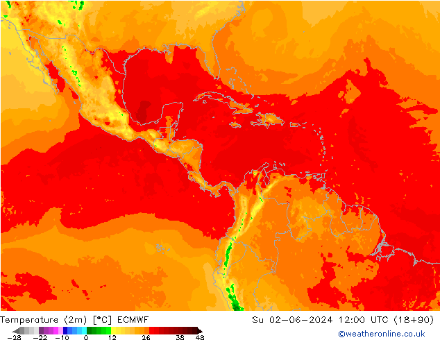 Temperature (2m) ECMWF Su 02.06.2024 12 UTC