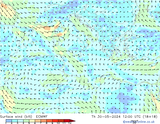 Surface wind (bft) ECMWF Čt 30.05.2024 12 UTC
