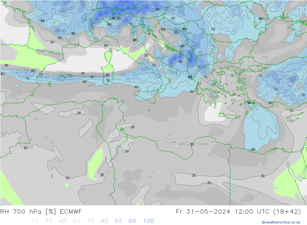 Humidité rel. 700 hPa ECMWF ven 31.05.2024 12 UTC