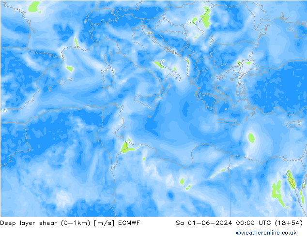 Deep layer shear (0-1km) ECMWF za 01.06.2024 00 UTC